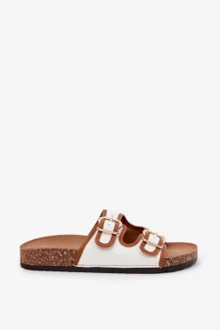 Materiałowe Klapki Damskie Na Korkowej Platformie Z Klamrami Białe Osoffe