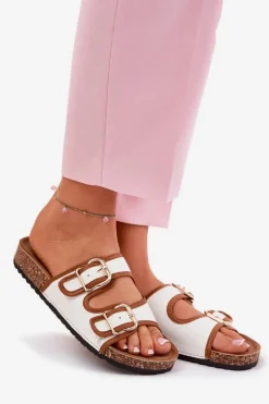 Materiałowe Klapki Damskie Na Korkowej Platformie Z Klamrami Białe Osoffe