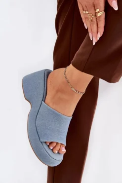 Materiałowe Klapki Damskie Na Platformie I Koturnie Jeansowe Afisal