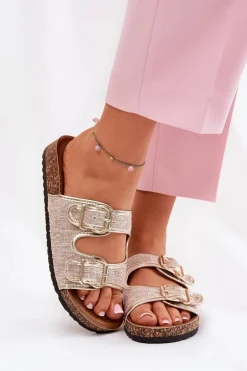 Materiałowe Klapki Damskie Na Korkowej Platformie Z Klamrami Złote Osoffe