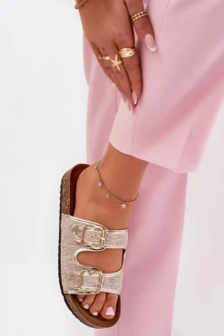 Materiałowe Klapki Damskie Na Korkowej Platformie Z Klamrami Złote Osoffe