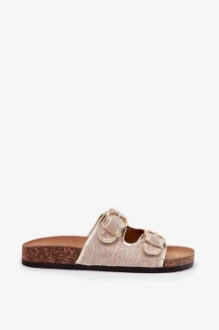 Materiałowe Klapki Damskie Na Korkowej Platformie Z Klamrami Złote Osoffe