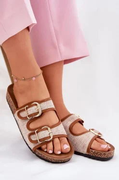 Materiałowe Klapki Damskie Na Korkowej Platformie Z Klamrami Camel Osoffe