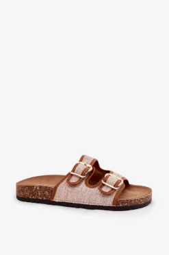 Materiałowe Klapki Damskie Na Korkowej Platformie Z Klamrami Camel Osoffe