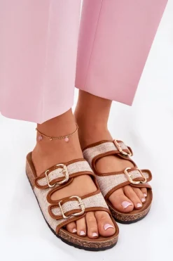 Materiałowe Klapki Damskie Na Korkowej Platformie Z Klamrami Camel Osoffe