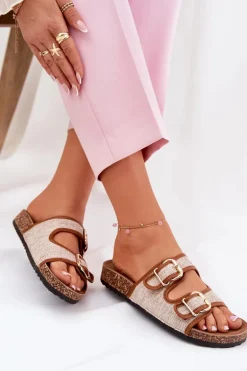 Materiałowe Klapki Damskie Na Korkowej Platformie Z Klamrami Camel Osoffe