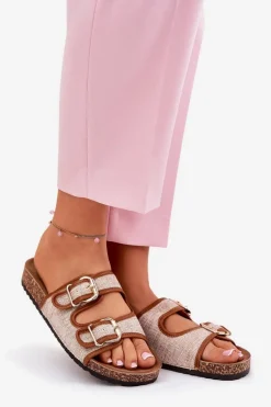 Materiałowe Klapki Damskie Na Korkowej Platformie Z Klamrami Camel Osoffe