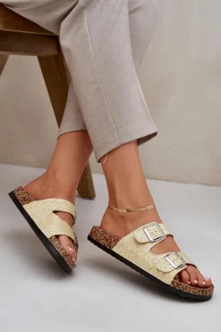 Materiałowe Klapki Na Korkowej Podeszwie Z Klamrami Żółte Atera