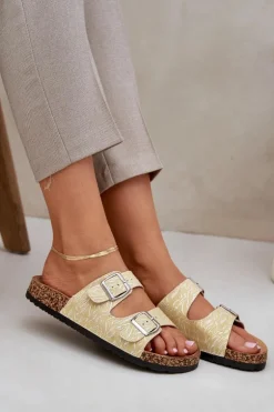 Materiałowe Klapki Na Korkowej Podeszwie Z Klamrami Żółte Atera