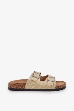 Materiałowe Klapki Na Korkowej Podeszwie Z Klamrami Żółte Atera