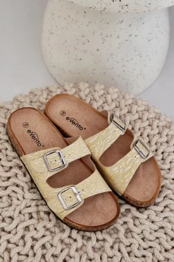 Materiałowe Klapki Na Korkowej Podeszwie Z Klamrami Żółte Atera