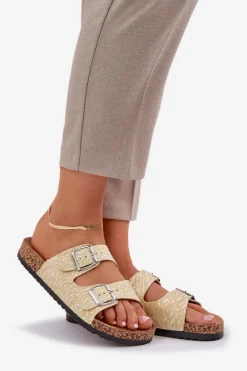 Materiałowe Klapki Na Korkowej Podeszwie Z Klamrami Żółte Atera