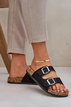 Materiałowe Klapki Na Korkowej Podeszwie Z Klamrami Czarne Atera