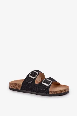 Materiałowe Klapki Na Korkowej Podeszwie Z Klamrami Czarne Atera