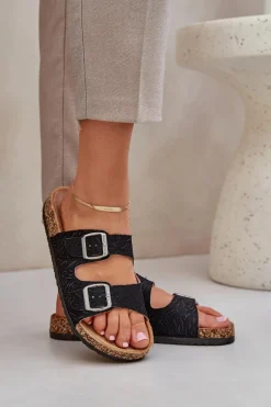 Materiałowe Klapki Na Korkowej Podeszwie Z Klamrami Czarne Atera