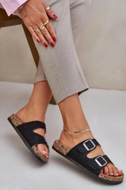 Materiałowe Klapki Na Korkowej Podeszwie Z Klamrami Czarne Atera