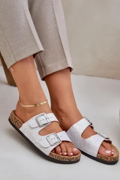 Materiałowe Klapki Na Korkowej Podeszwie Z Klamrami Jasnoszare Atera