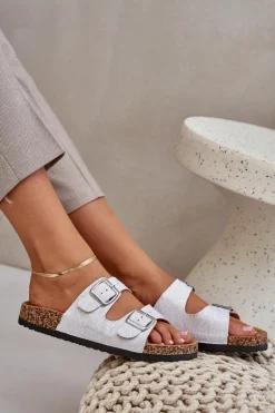 Materiałowe Klapki Na Korkowej Podeszwie Z Klamrami Jasnoszare Atera