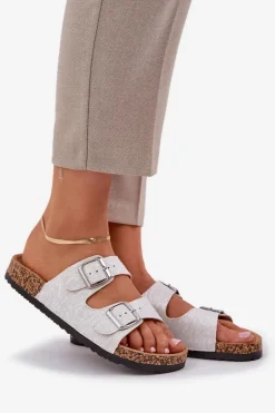 Materiałowe Klapki Na Korkowej Podeszwie Z Klamrami Jasnoszare Atera