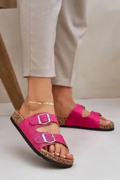 Materiałowe Klapki Na Korkowej Podeszwie Z Klamrami Fuksja Atera