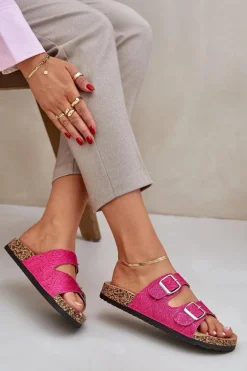 Materiałowe Klapki Na Korkowej Podeszwie Z Klamrami Fuksja Atera