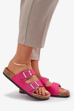 Materiałowe Klapki Na Korkowej Podeszwie Z Klamrami Fuksja Atera