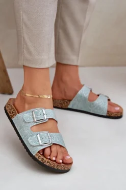 Materiałowe Klapki Na Korkowej Podeszwie Z Klamrami Miętowe Atera