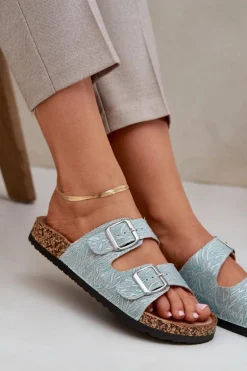 Materiałowe Klapki Na Korkowej Podeszwie Z Klamrami Miętowe Atera