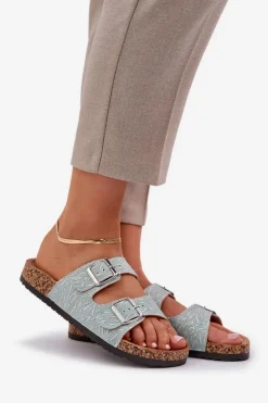 Materiałowe Klapki Na Korkowej Podeszwie Z Klamrami Miętowe Atera