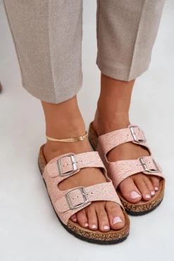 Materiałowe Klapki Na Korkowej Podeszwie Z Klamrami Różowe Atera