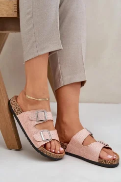 Materiałowe Klapki Na Korkowej Podeszwie Z Klamrami Różowe Atera