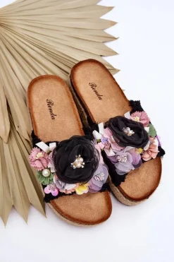 Materiałowe Klapki Z Kwiatami Czarne Nessa