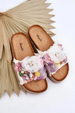 Materiałowe Klapki Z Kwiatami Białe Nessa