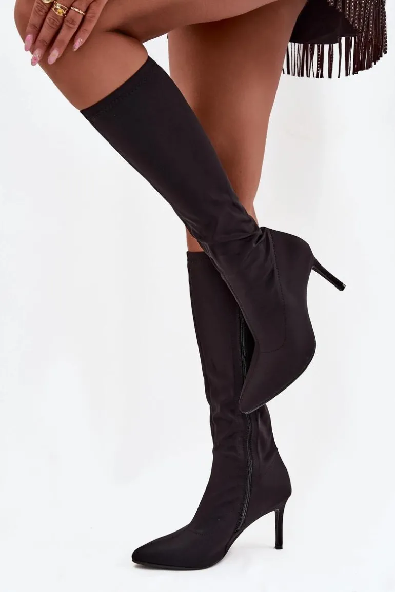 Materiałowe Kozaki Damskie Na Szpilce S.Barski HY52-513 Czarne