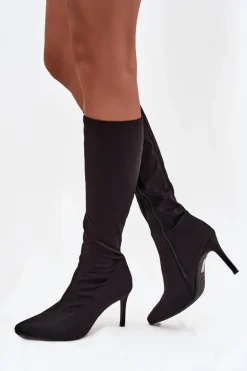 Materiałowe Kozaki Damskie Na Szpilce S.Barski HY52-513 Czarne