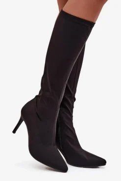 Materiałowe Kozaki Damskie Na Szpilce S.Barski HY52-513 Czarne