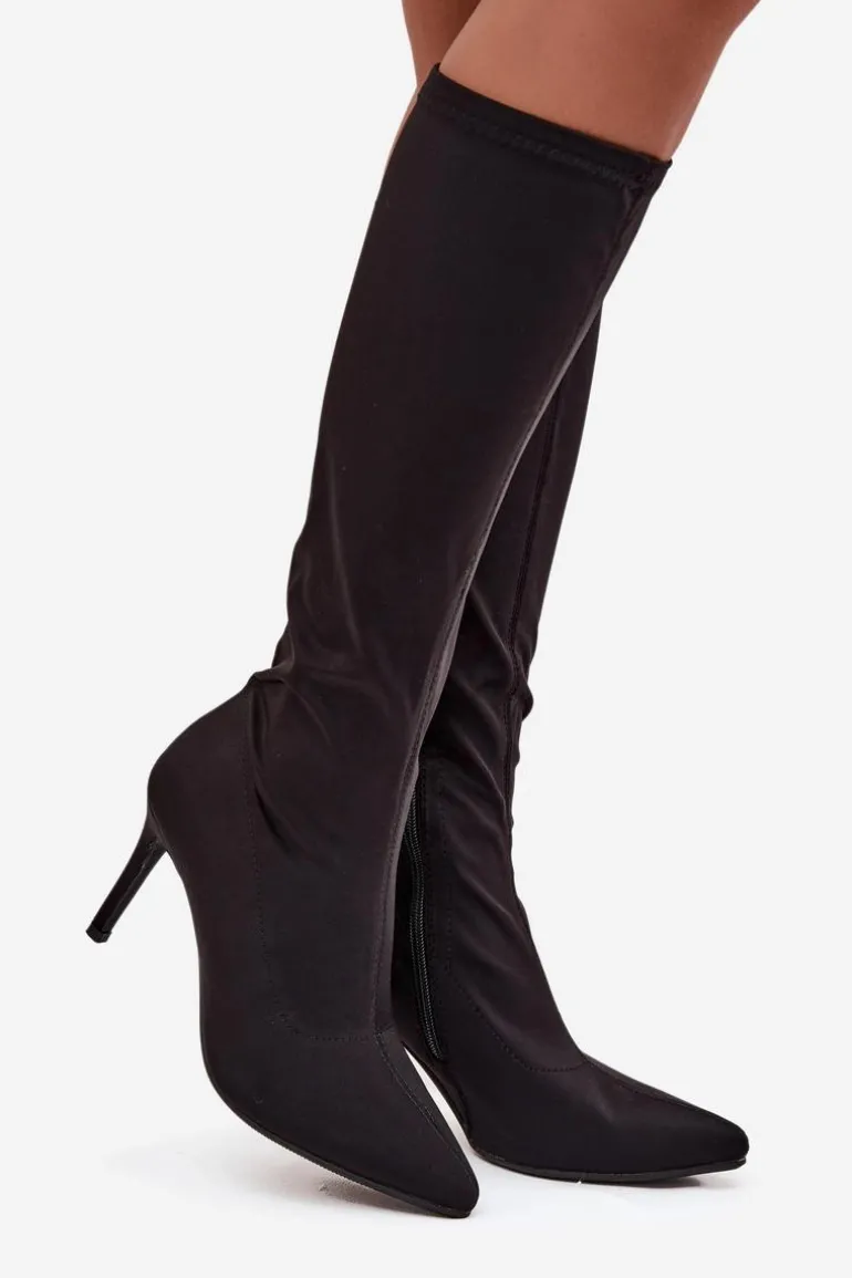 Materiałowe Kozaki Damskie Na Szpilce S.Barski HY52-513 Czarne