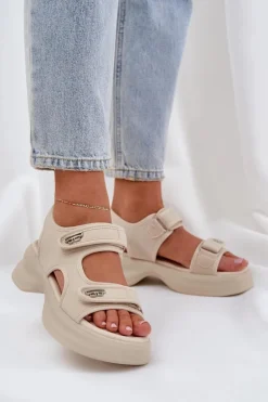 Materiałowe Lekkie Sandały Na Platformie Jasnobeżowe Deniffia