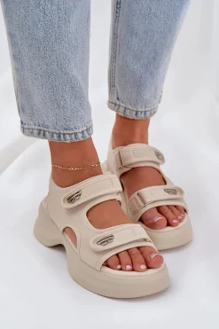 Materiałowe Lekkie Sandały Na Platformie Jasnobeżowe Deniffia