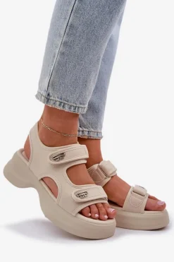 Materiałowe Lekkie Sandały Na Platformie Jasnobeżowe Deniffia