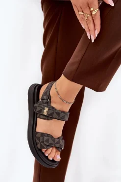 Materiałowe Sandały Damskie Na Platformie Czarno-Brązowe Leriot