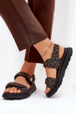 Materiałowe Sandały Damskie Na Platformie Czarno-Brązowe Leriot