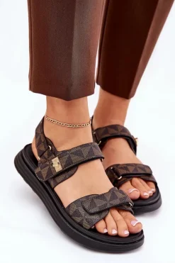 Materiałowe Sandały Damskie Na Platformie Czarno-Brązowe Leriot