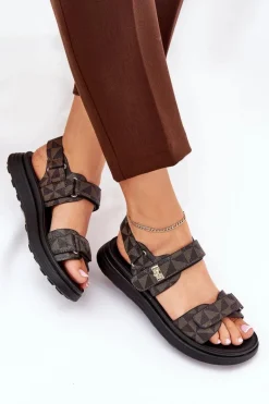 Materiałowe Sandały Damskie Na Platformie Czarno-Brązowe Leriot