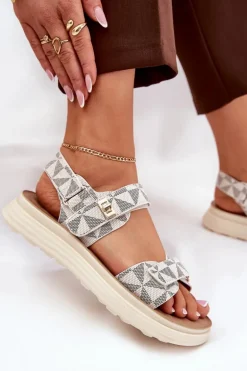 Materiałowe Sandały Damskie Na Platformie Beżowe Leriot