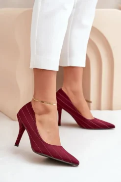 Materiałowe Szpilki Damskie W Paski Bordowe Tifidra