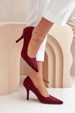 Materiałowe Szpilki Damskie W Paski Bordowe Tifidra