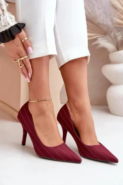 Materiałowe Szpilki Damskie W Paski Bordowe Tifidra