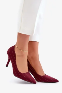 Materiałowe Szpilki Damskie W Paski Bordowe Tifidra