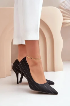 Materiałowe Szpilki Damskie W Paski Czarne Tifidra